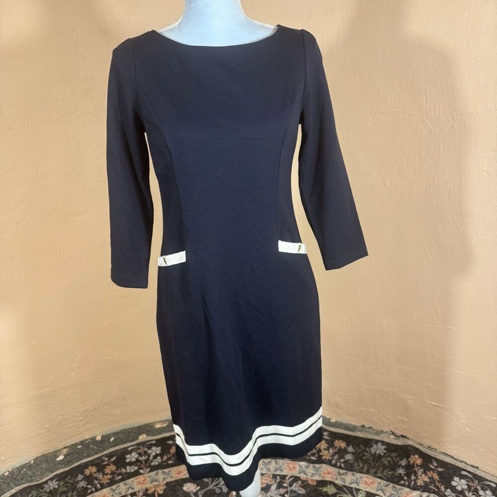Talbots Petites Navy Sheath Dress – White Stripe Hem & Pocket Detail | Size 4P
